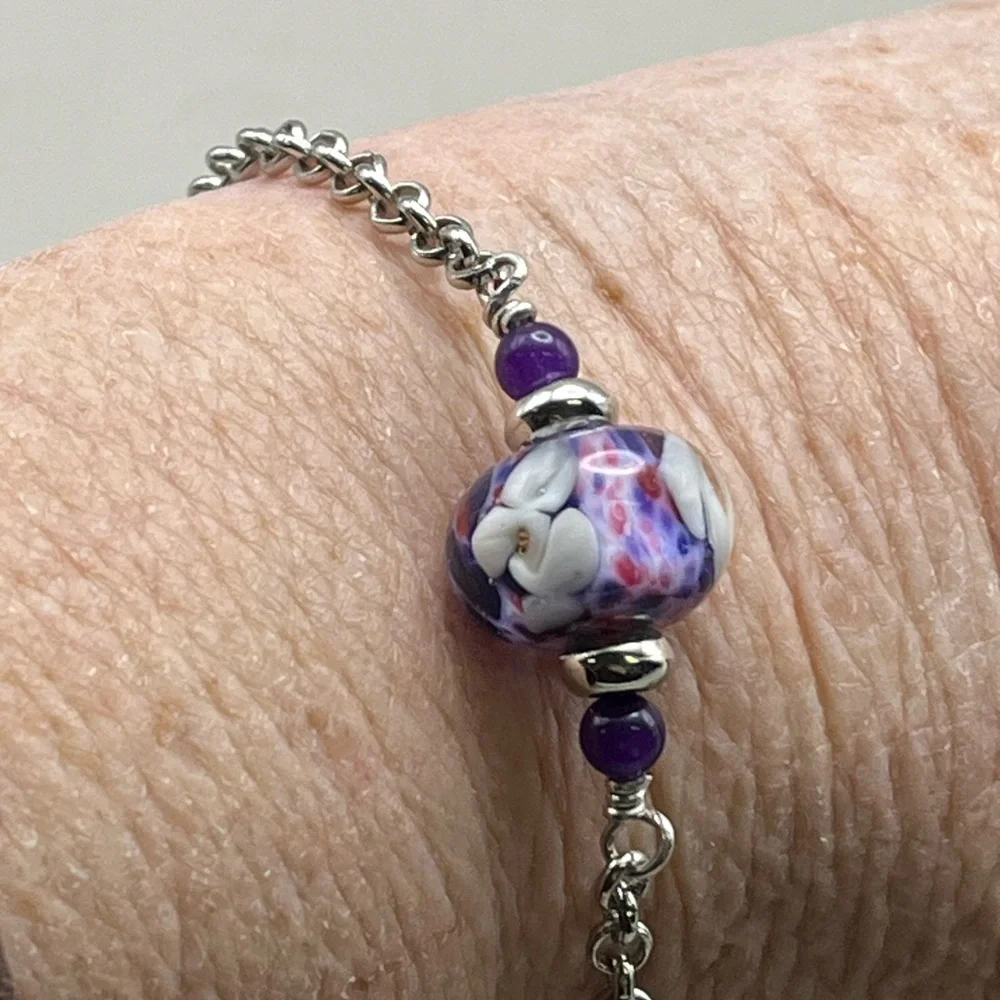 Silver and Purple Beaded Bracelet